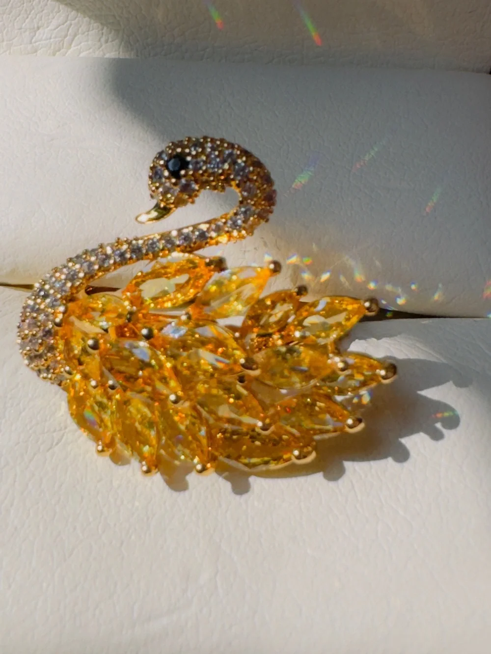 Yellow Swan Brooch with Yellow Crystal Feathers